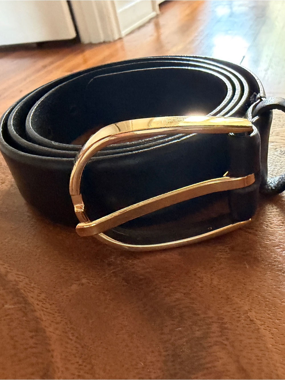 Women’s Black Leather Belt with Gold Buckle